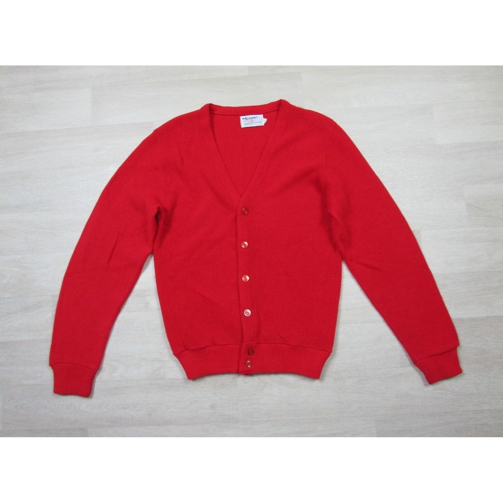 Vintage‎ 70s Arrow Cavalier Red Acrylic Cardigan Sweater 18.5x24 Mod Preppy